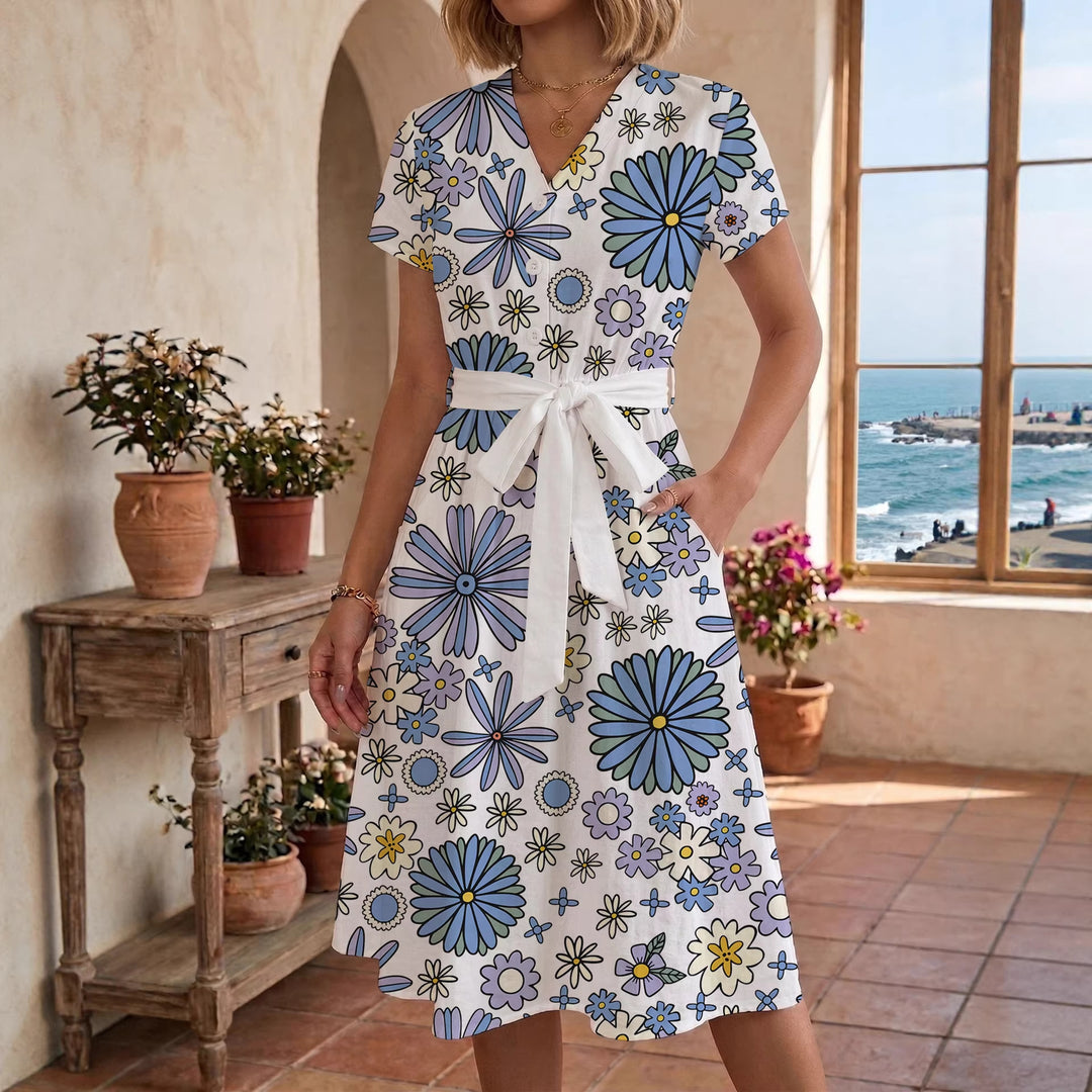 Damen Midikleid mit floralem Muster und Taillengürtel Skjora