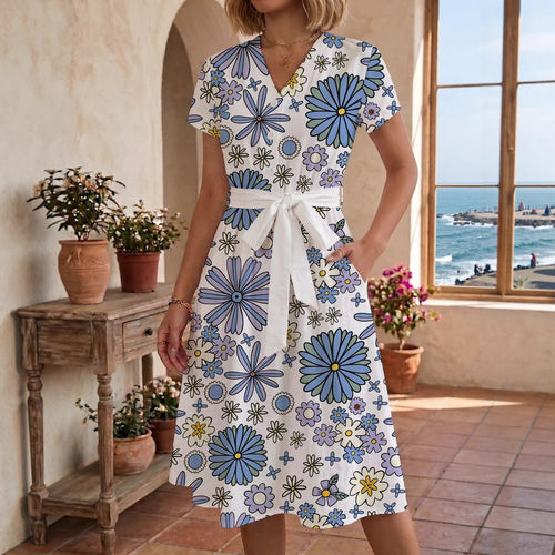 Damen Midikleid mit floralem Muster und Taillengürtel Skjora