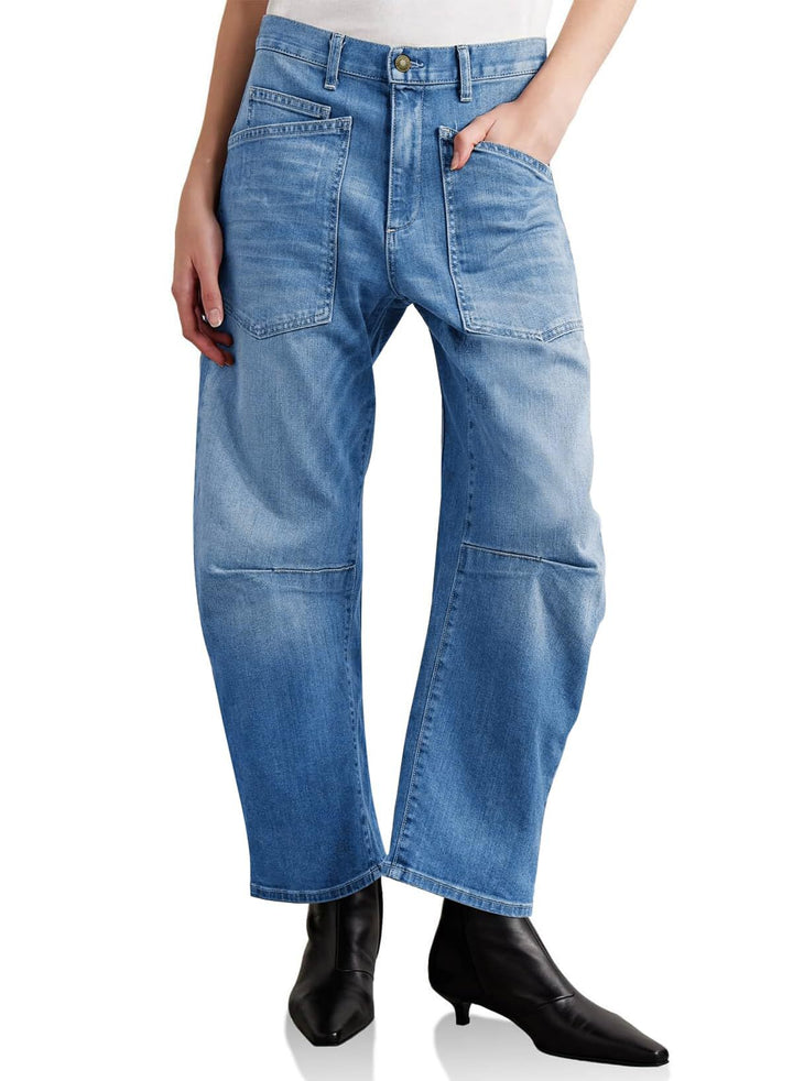 Dame halvhøy denim-bukse med unike påsydde lommer Skjora