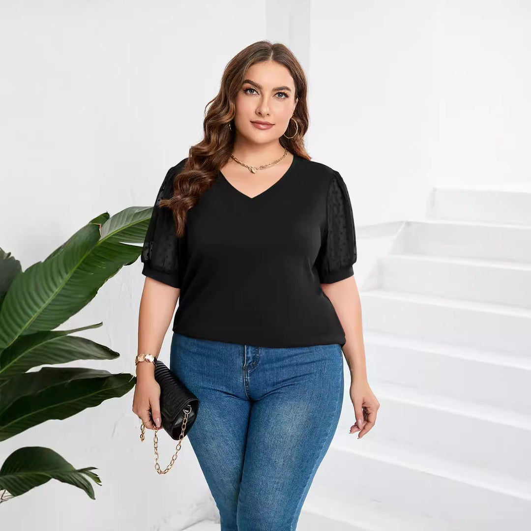 Dame elegant bluse skjorte med transparente puff ermer og V-hals Skjora