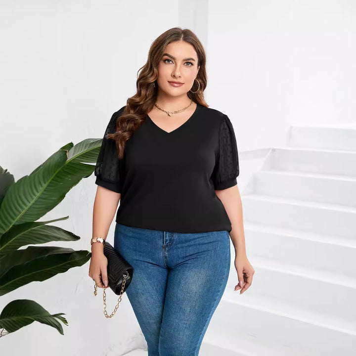 Dame elegant bluse skjorte med transparente puff ermer og V-hals Skjora