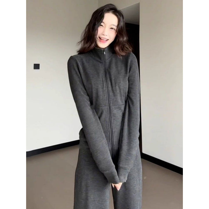 Kvinnes Sporty Fleece Treningsdrakt Sett med Løs Passform og Høy Krage Skjora