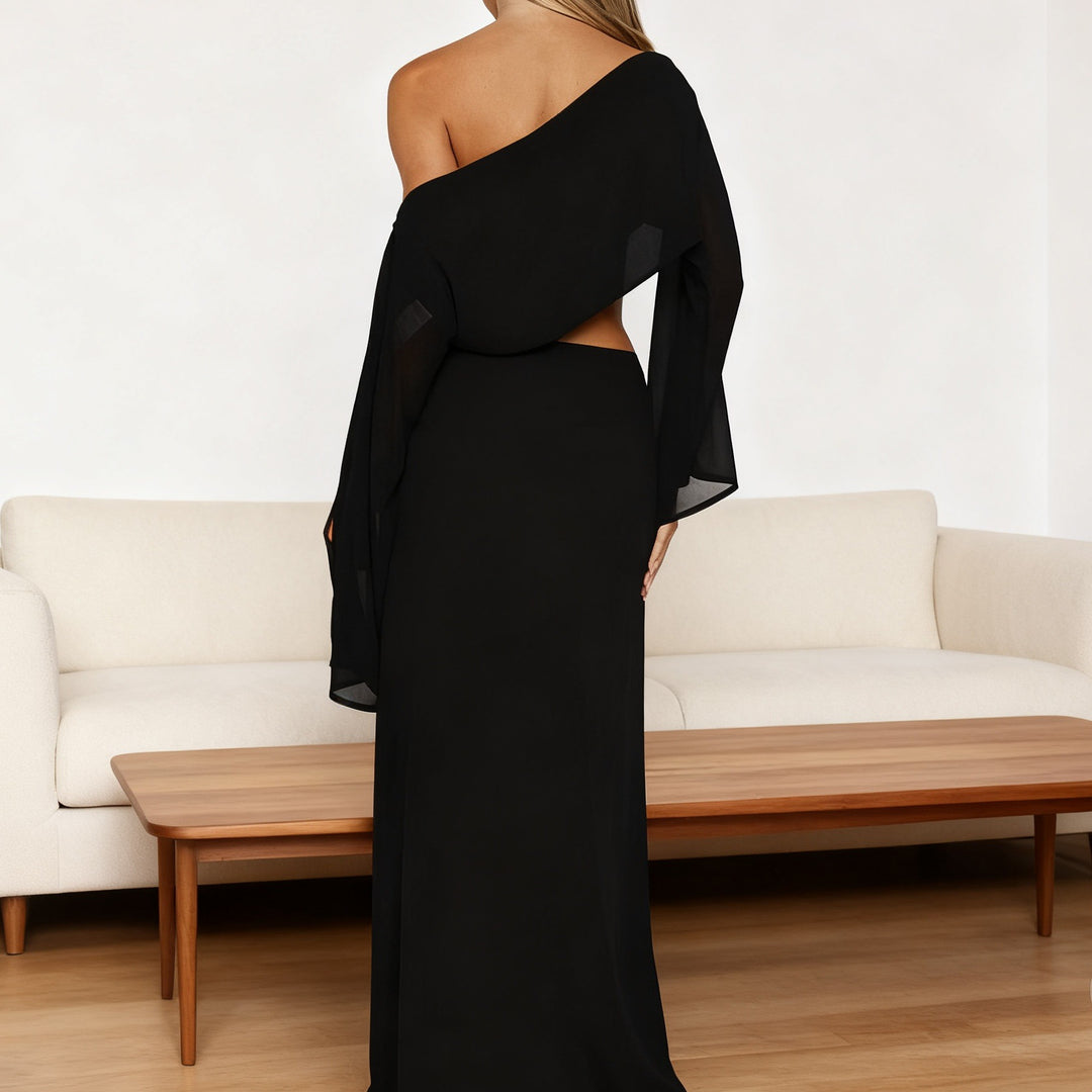 Dame Elegant Maxi-Kjole med asymmetrisk snitt og langt erme Skjora