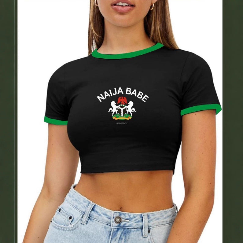 Dame Crop-Top med kreativt trykk og kontrasterende ermekanter Skjora