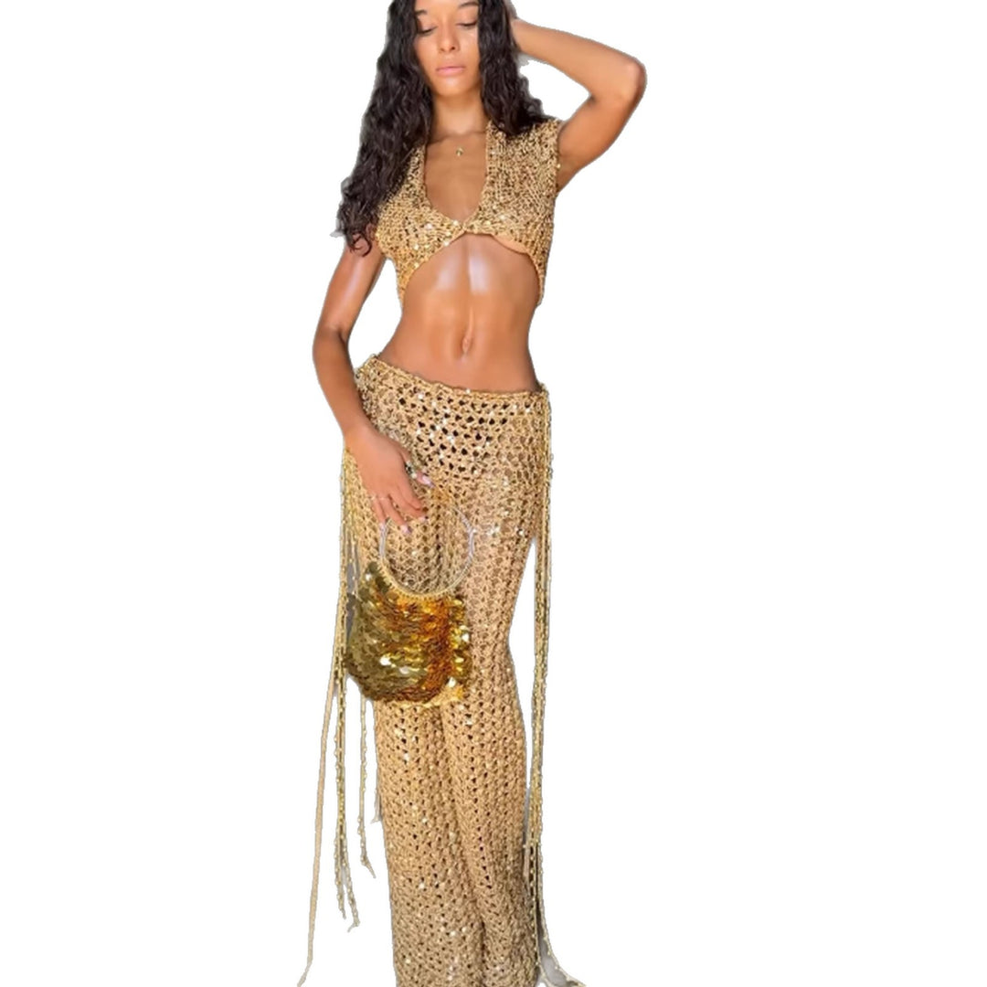 Kvinnelig ankel-length glitter overfit sett med glitrende detaljer og flytende design