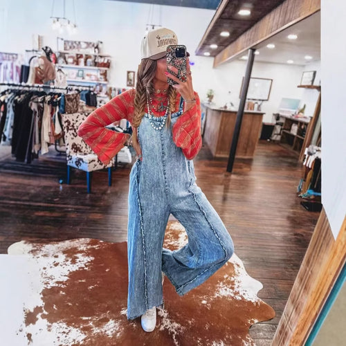 Damer denim overalls med bred ben og praktiske lommer Skjora