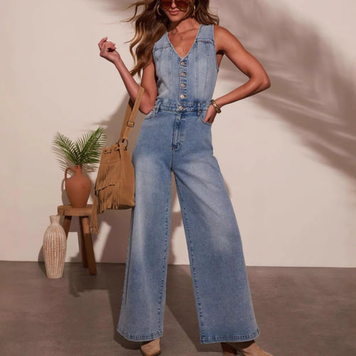 Kvinnens vidde jeans jumpsuit med knappestolpe og dyp V-hals