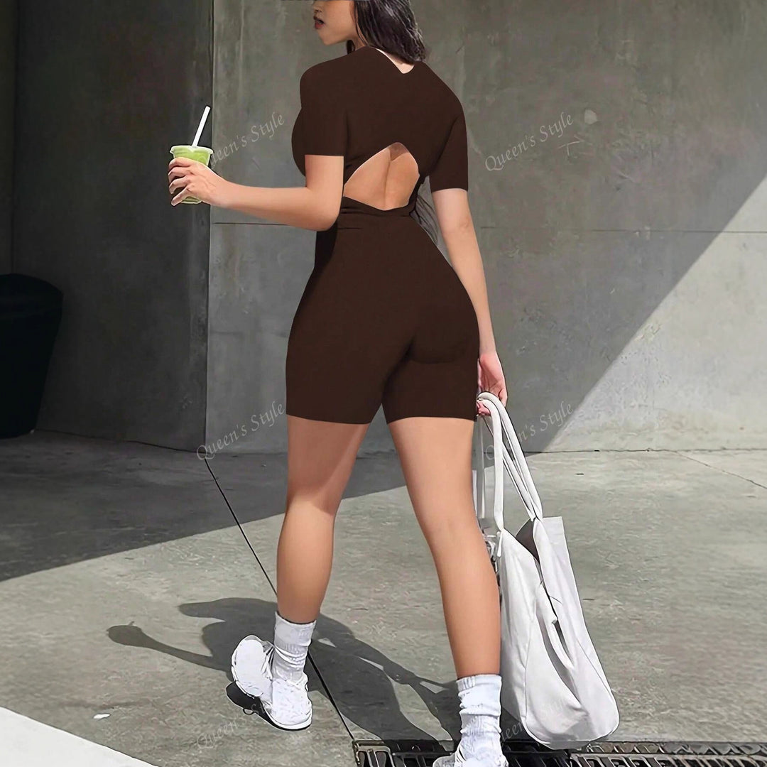 Dame Bodycon Jumpsuit med kort arm og glidelås Skjora