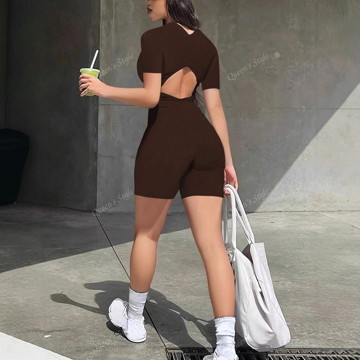Dame Bodycon Jumpsuit med kort arm og glidelås Skjora