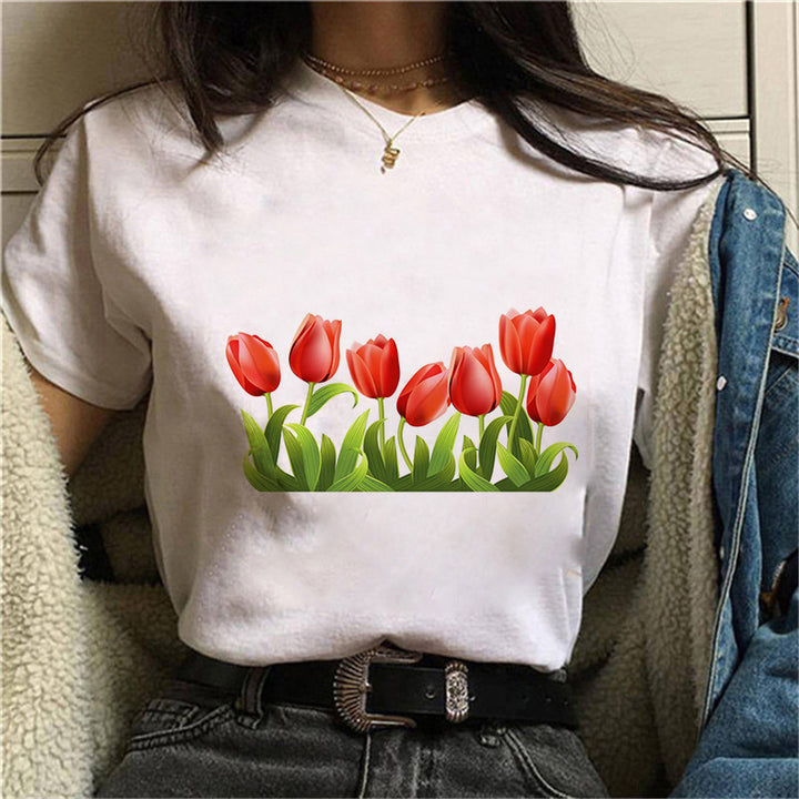 Dame T-skjorte med blomstertrykk og V-hals Skjora