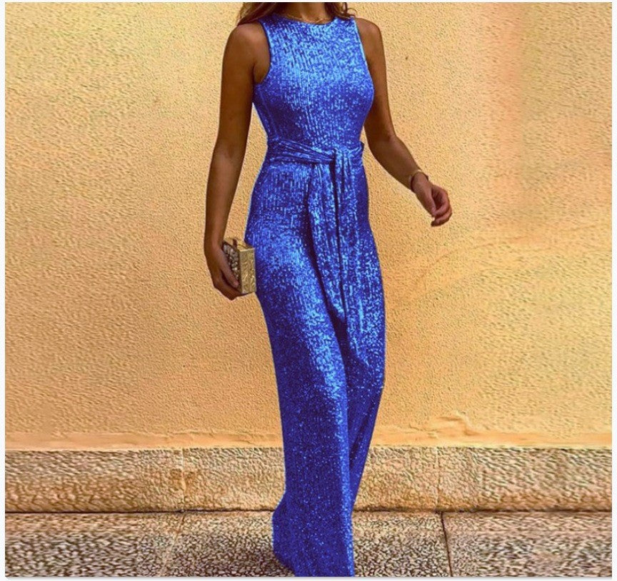 Dame Glamorous Maxi Kjole med Glitrende Paillettkant og Elegant Midjebånd