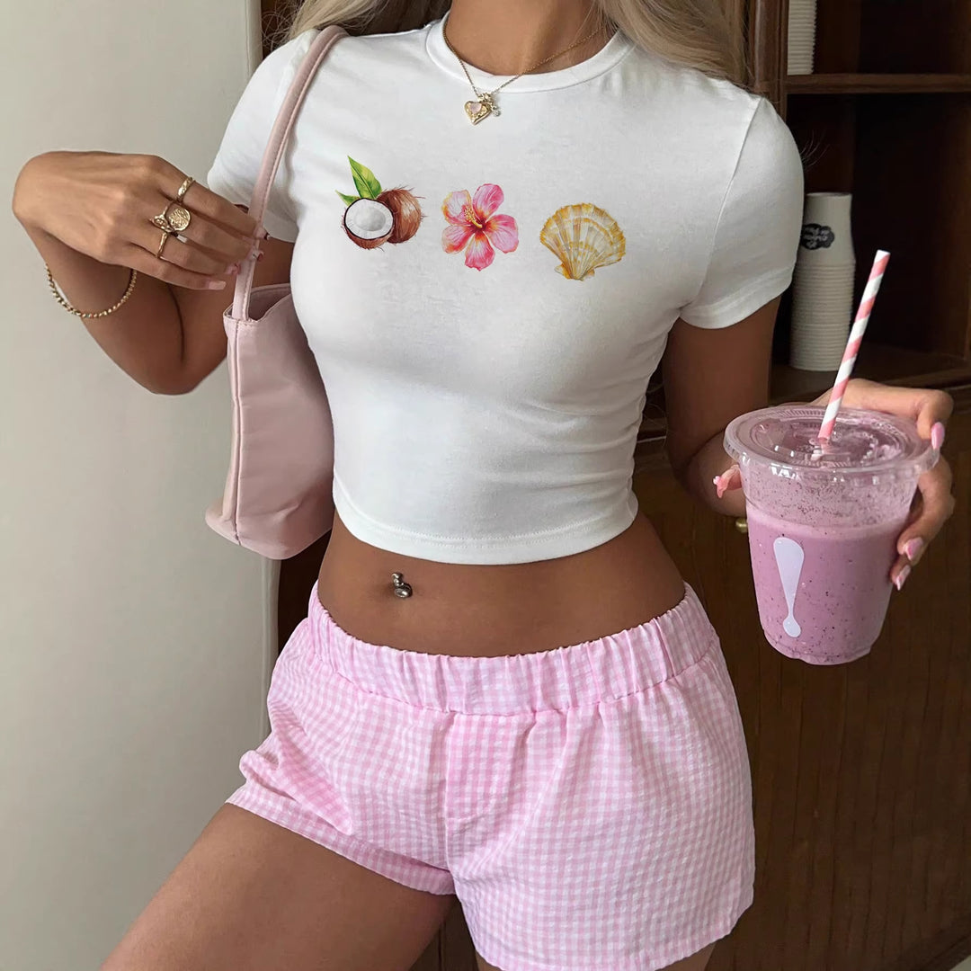 Dame Crop-Top med sommerlig motiv Skjora
