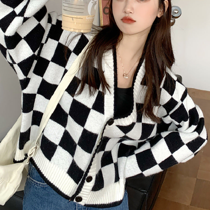 Dame chunky strikket cardigan med rutete mønster og komfortable knappedetaljer