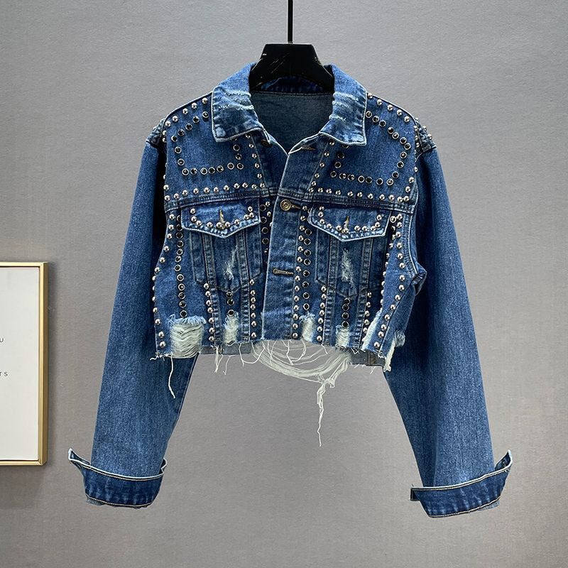 Damer Designer Denim Jakke med Nitter og Frynser Skjora