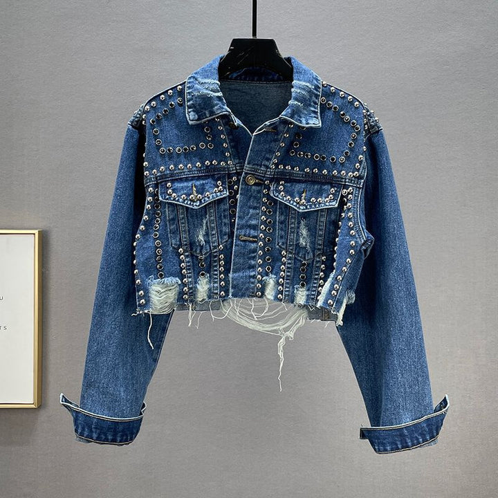 Damer Designer Denim Jakke med Nitter og Frynser Skjora
