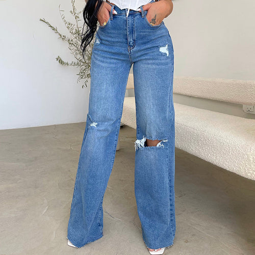 Kvinners vide jeans med slitte detaljer og høy livlinje Skjora