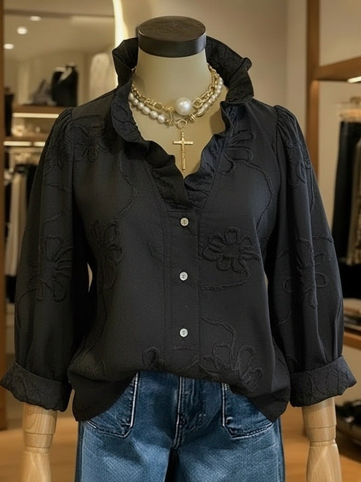 Dame elegant bluse med blomsterbroderier og voluminøse ermer Skjora