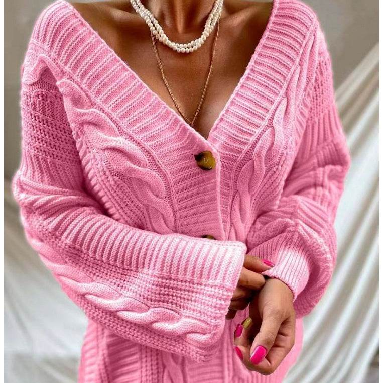 Damer trendy chunky strikket cardigan med frontknapper og ribbestruktur Skjora