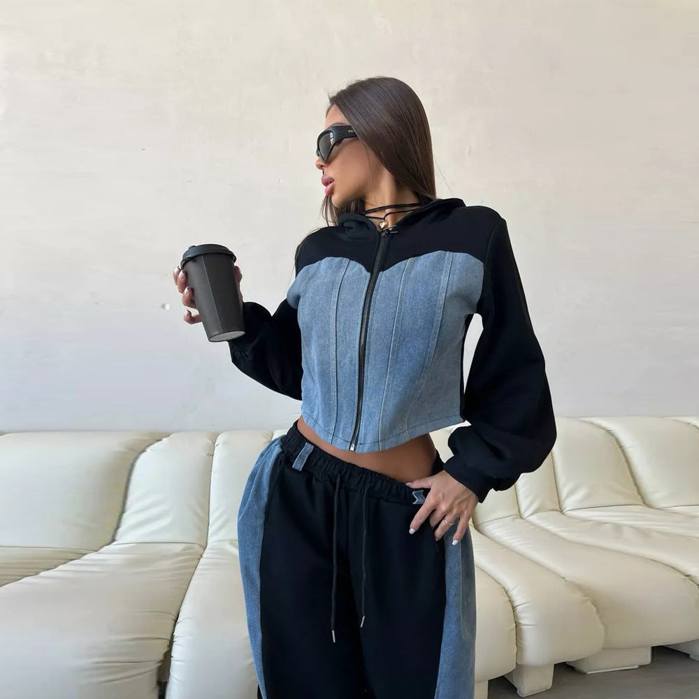 Kvinnens cropped sweatshirt jakke med ballongformede ermer og joggebukse sett Skjora