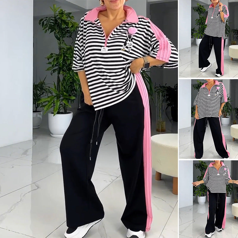 Dame fritidssett med stripete topp og komfortable joggebukser Skjora