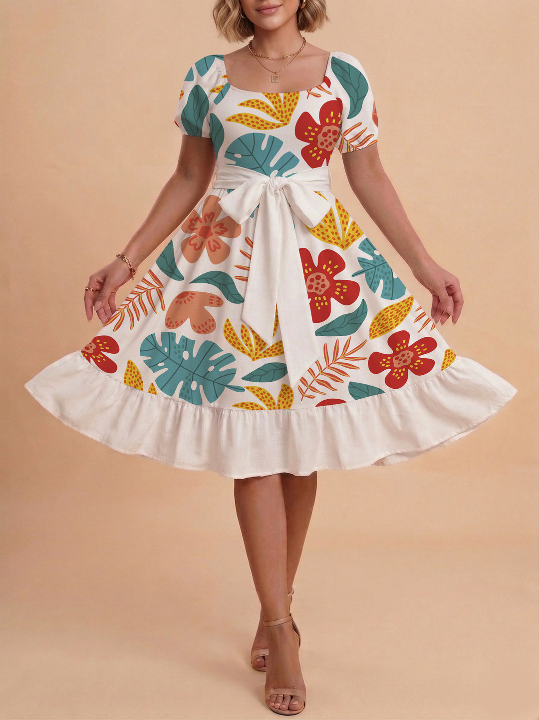 Damen Sommerliches Blumenkleid mit taillierbarem Gürtel und voluminösen Ärmeln Skjora