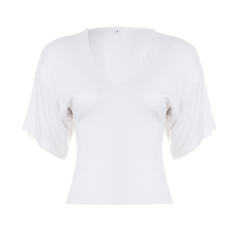 Dame lâsset Cropped T-skjorte med V-hals og oversized ermer Skjora