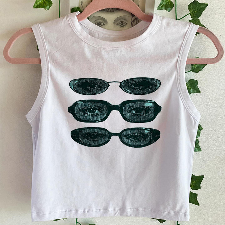 Dame ermeløs tanktop med kreativt brillemotiv Skjora