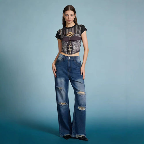 Dame løse jeans med stilige ødelagte detaljer og behagelig passform Skjora