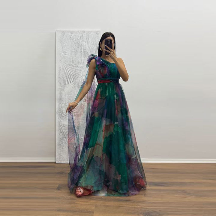 Kvinners Festlige Maxi Kjole med Gjennomsiktig Chiffon Overlay og Delikat Volangdesign