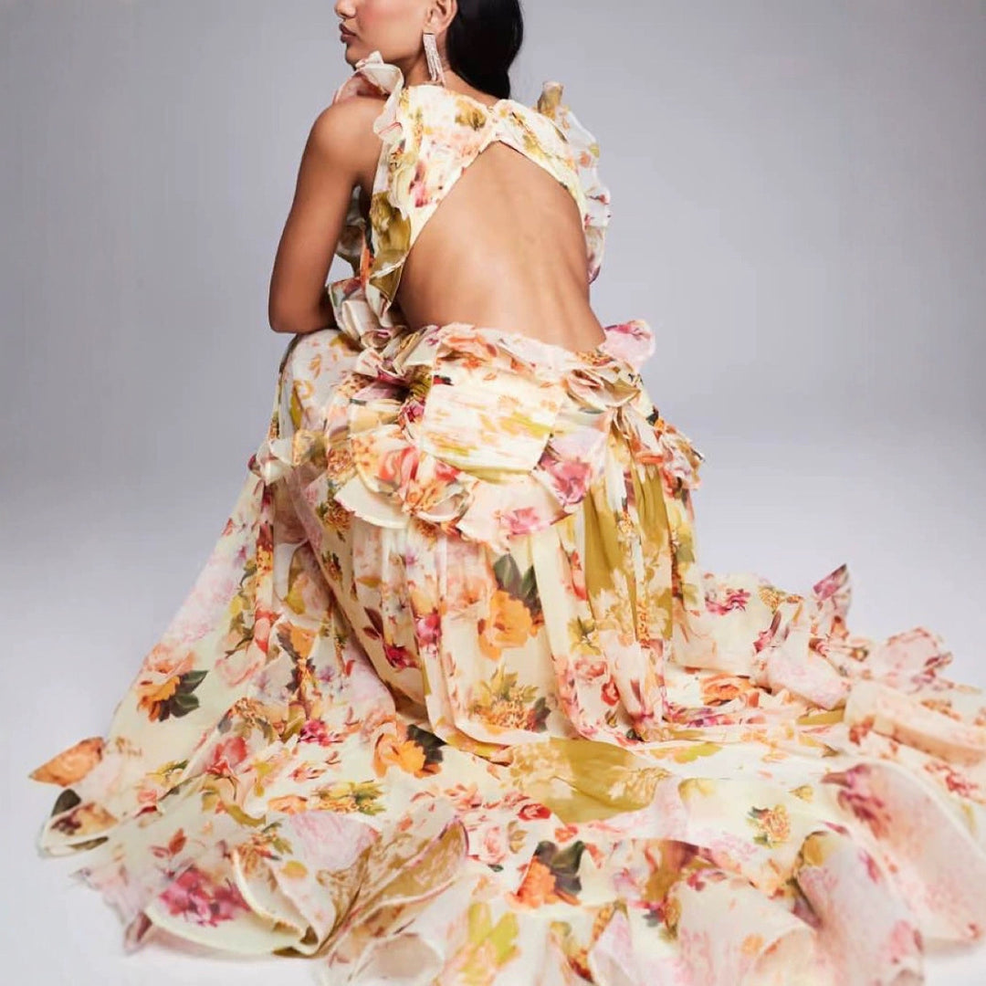Damer Elegant Maxi Kjole med Blomster Volanger og Dyp V-hals
