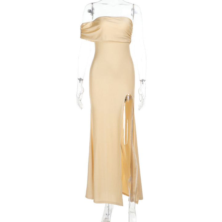 Women's off-shoulder maxi dress with elegant draping and high slit Skjora