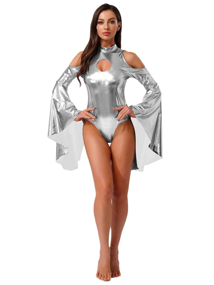 Damen Body mit schulterfreien Ärmeln und glamourösem Glanz Skjora