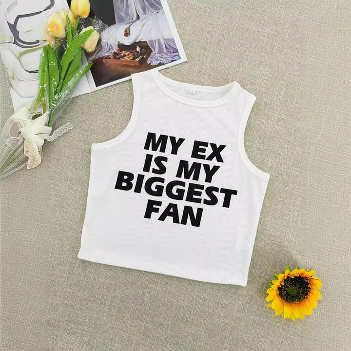 Dame ermeløs Statement-Crop-Top med iøynefallende tekst Skjora