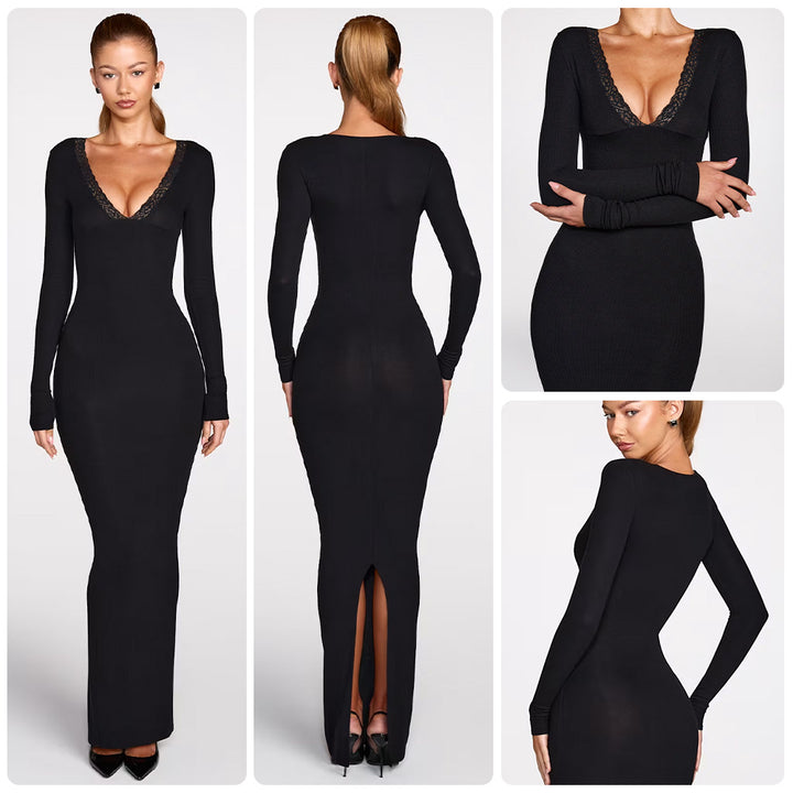 Dame figursydd maxi kjole med dyp V-hals og elegante blonde accenter Skjora