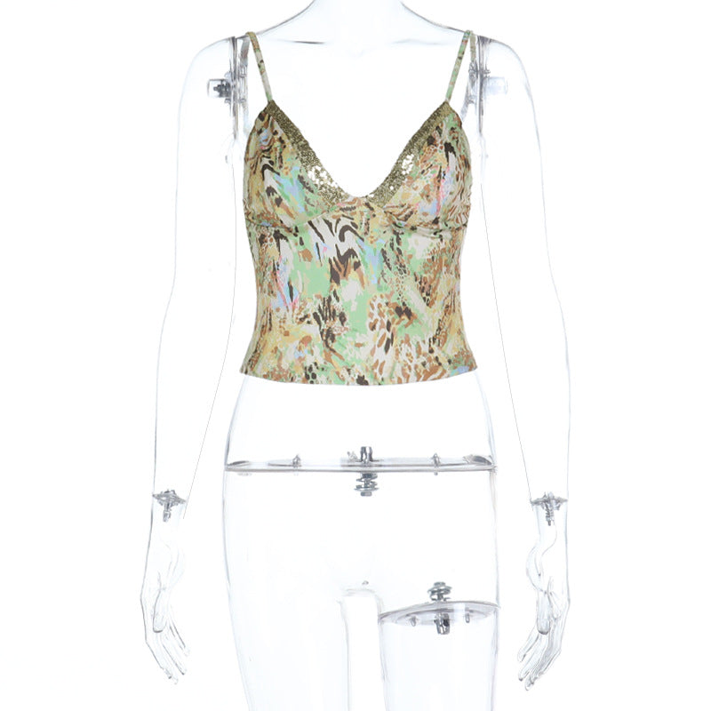 Damer dekorativ spaghetti stropp topp med glitter og dyremønster Skjora