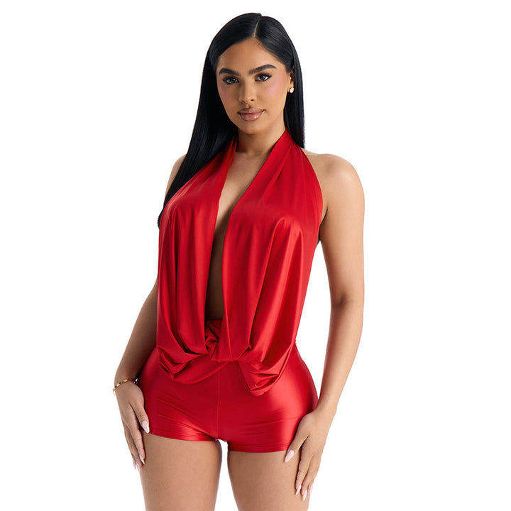 Women's Jumpsuit with Deep V-Neck and Elegant Tie Detail Skjora
