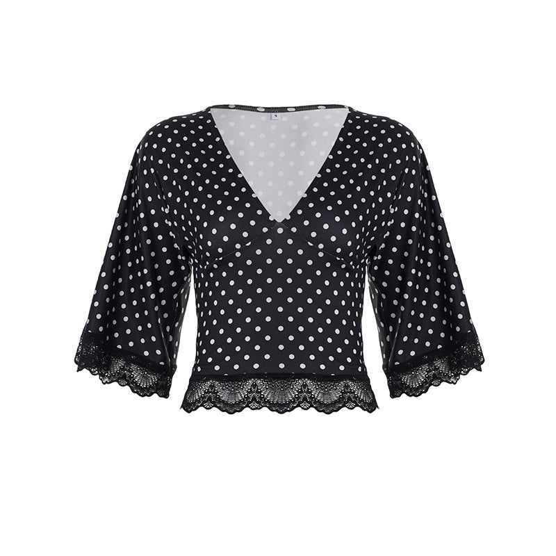 Dame polkadot bluser skjorte med spissepynt Skjora