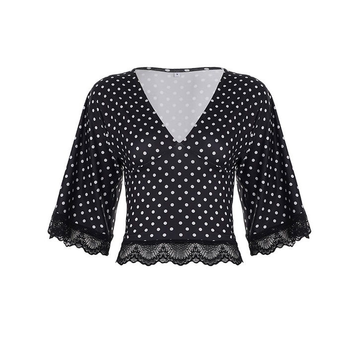 Dame polkadot bluser skjorte med spissepynt Skjora