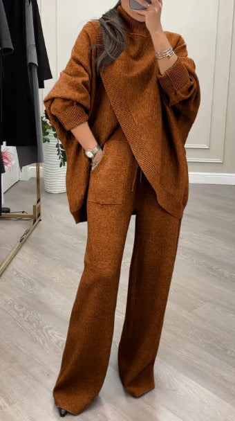 Kvinnelig Cozy Knit Ensemble med Oversized Genser og Vide Bukser Skjora