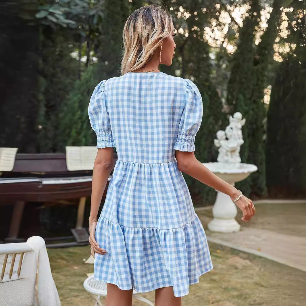 Dame Gingham-kjole med volanger og pufferm WS