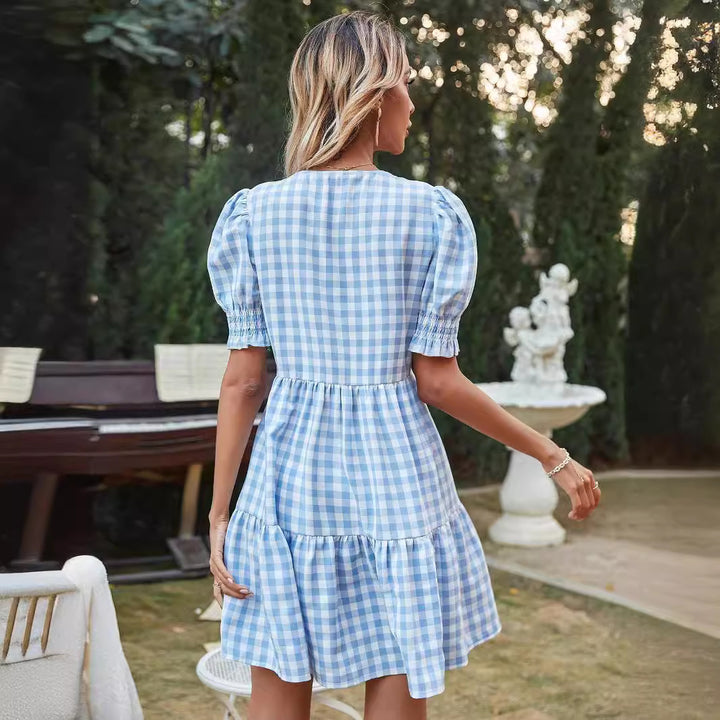 Dame Gingham-kjole med volanger og pufferm WS