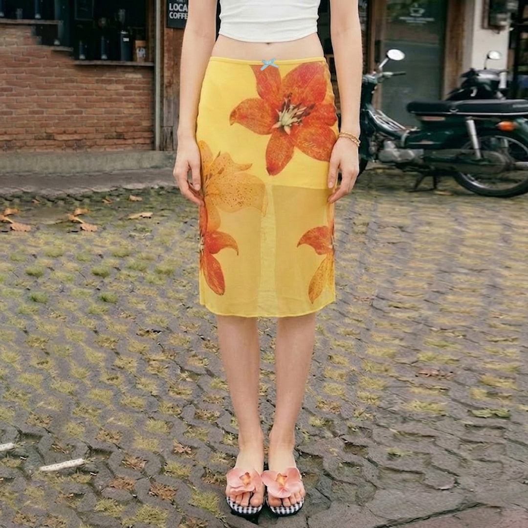 Dame midi skjørt med blomstrete chiffon og elastisk liv Skjora