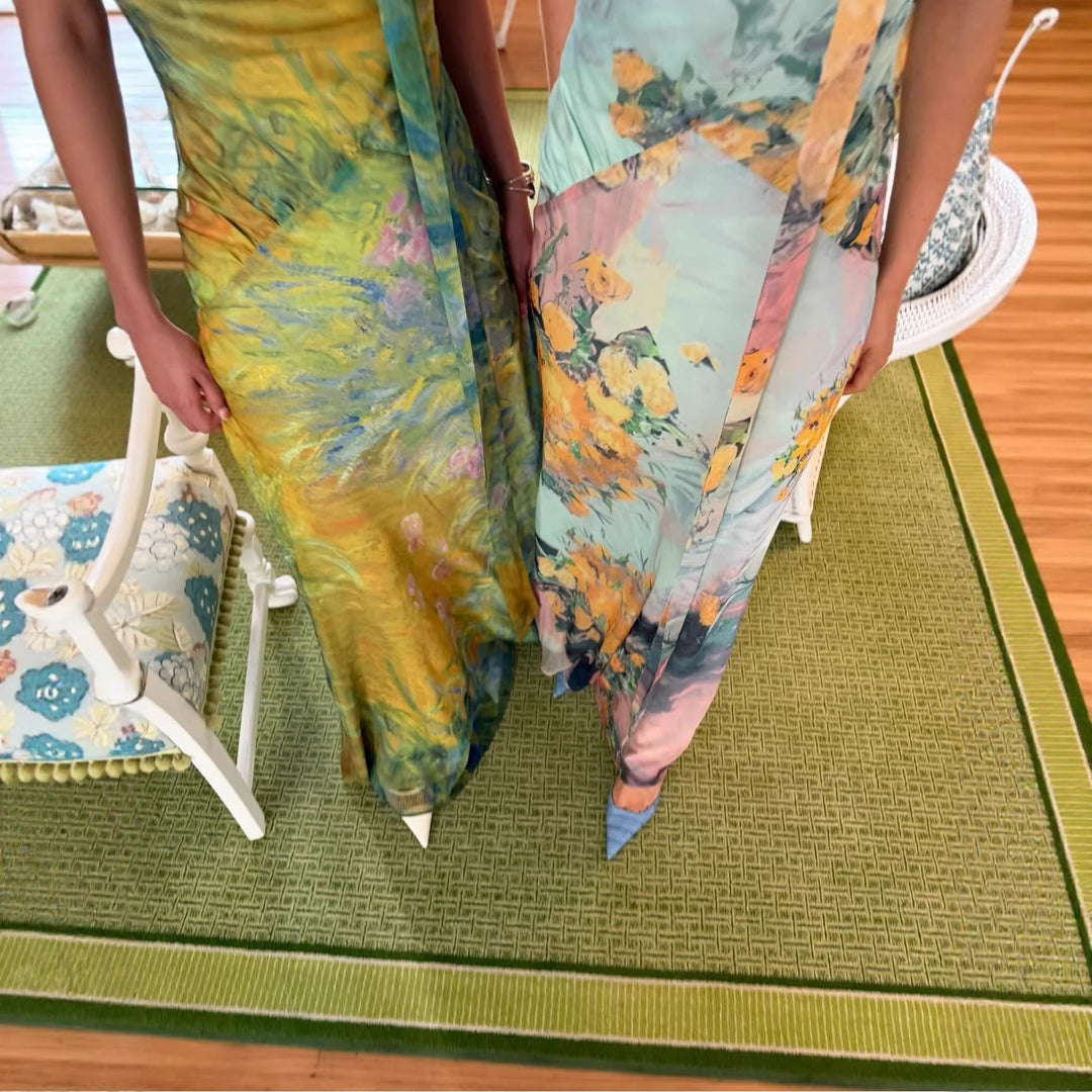 Dame Lang kjole med blomsterdesign og høy hals Skjora
