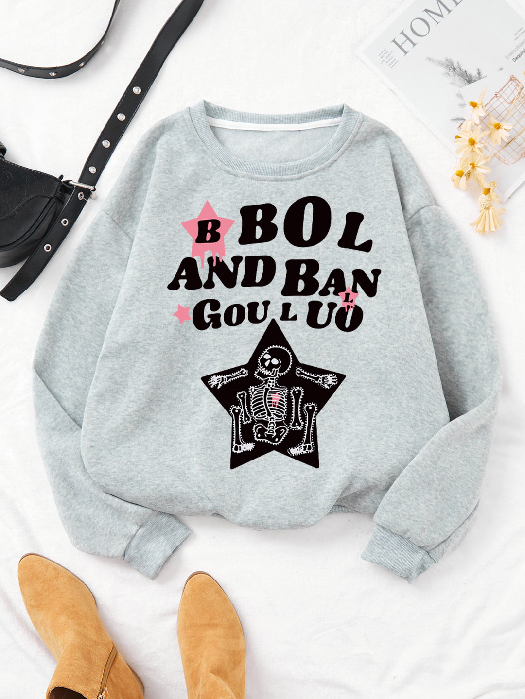 Dame avslappet sweatshirt med kreativt skjelettdesign Skjora