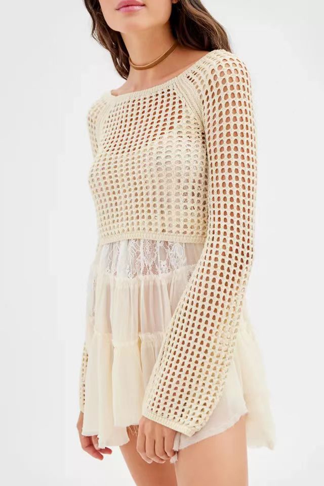 Damer heklet Crop-Top med vide ermer og fargerike striper Skjora