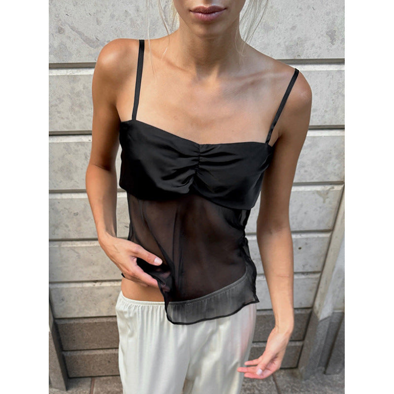 Damer Sexy Top med svarte stropper og elegant plissert design Skjora