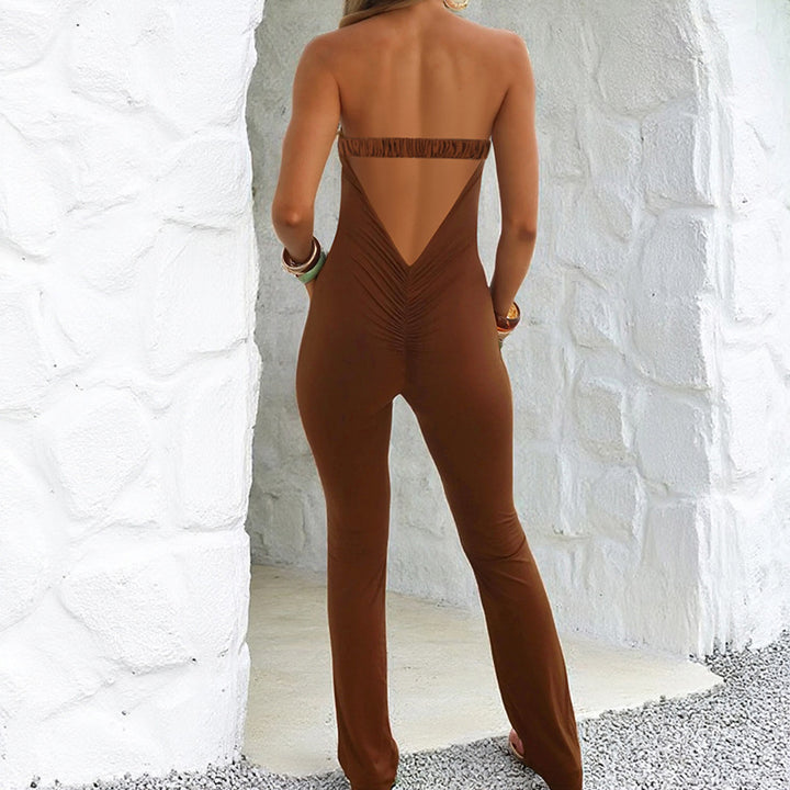 Damer elegant skulderfri jumpsuit med dyp nøkkelutskjæring og figurnær passform Skjora
