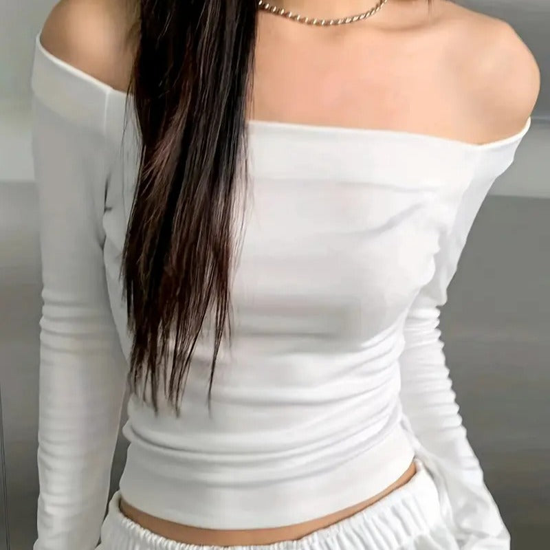 Dame Off-Shoulder Langerm T-skjorte med behagelig passform og uformell eleganse Skjora