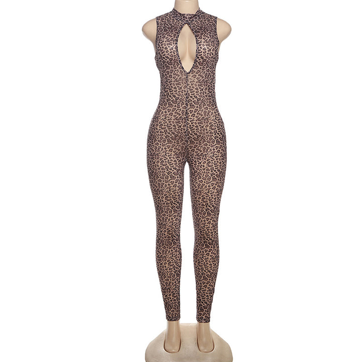 Dame Figurtilpasset Jumpsuit med dyp utringning og leopardmønster Skjora