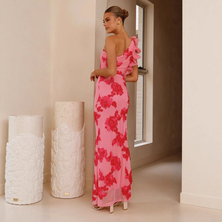 Kvinne Elegant og figursydd Maxi kjole med asymmetrisk stropp og blomsterapplikasjoner
